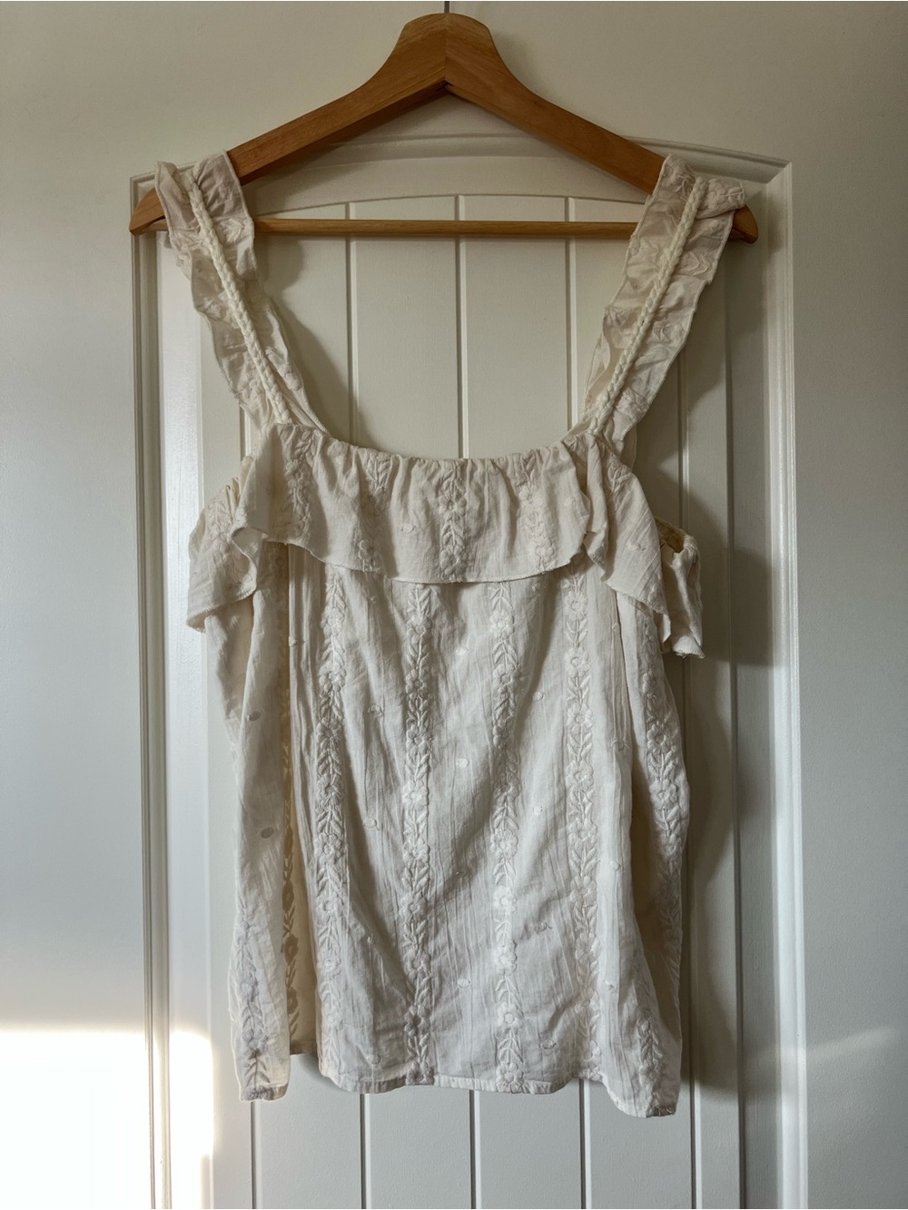 Sezane Cream Ruffle-Trim Embroidered Tank